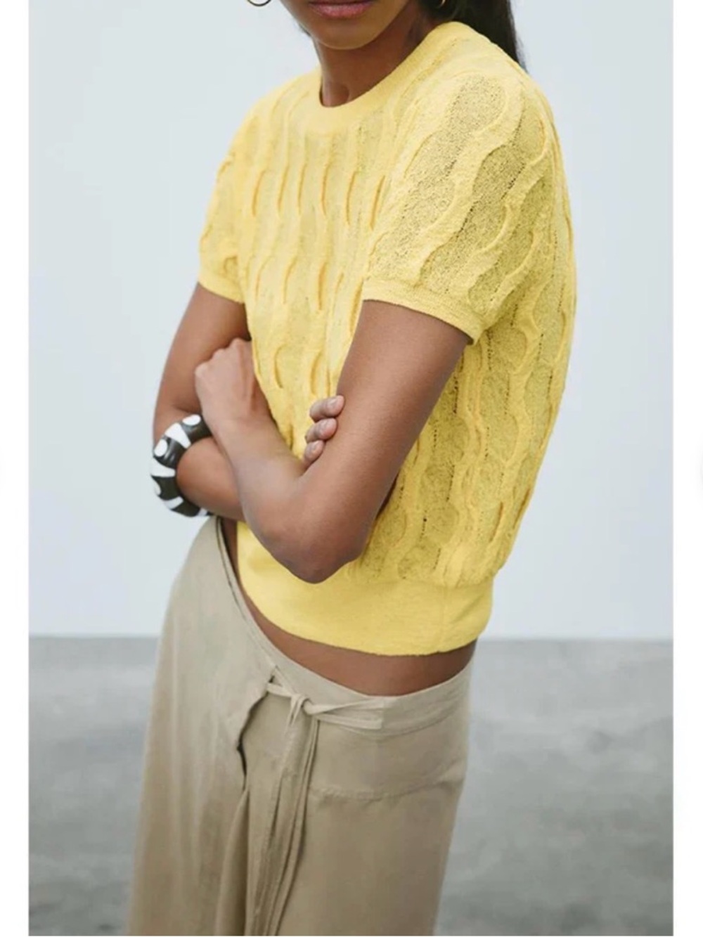 Zara Yellow Cable Knit Short Sleeve Top Size XL